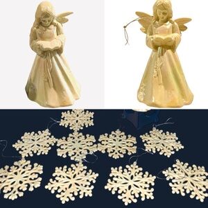 11 VTG Acrylic Angels & Snowflakes Christmas Ornaments Ivory Pearl Iridescent